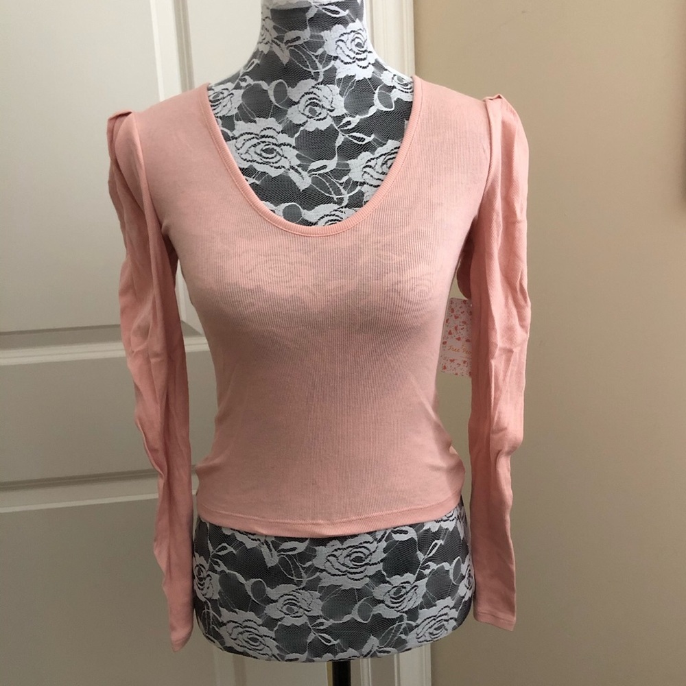 NWT Free People pink ribbed puff shoulder tee xs